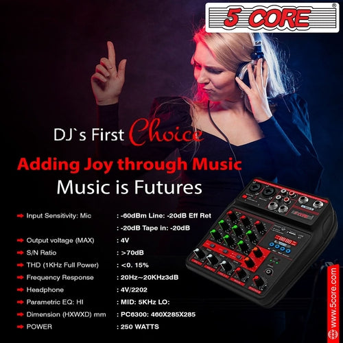 5 Core Audio Mixer 4 Channel DJ Equipment with Bluetooth USB Sound