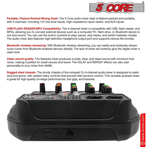 5 Core Audio Mixer 4 Channel DJ Equipment with Bluetooth USB Sound