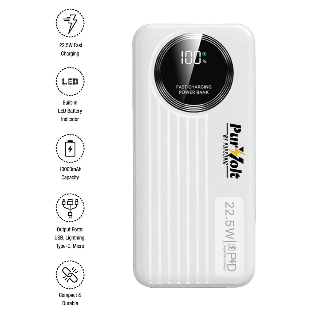 Pursonic 10,000mAh LED Power Bank - Fast Charging Portable